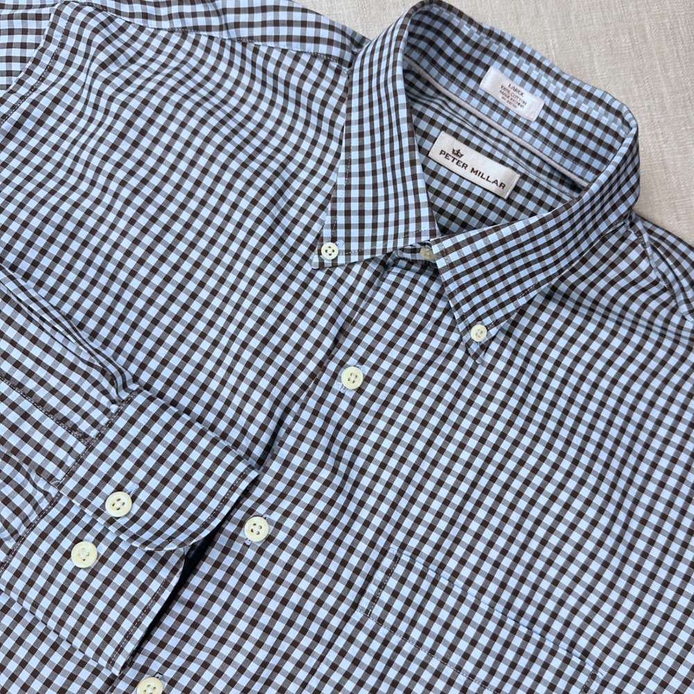 Peter Millar Men L Blue Brown Gingham Check Button Down Shirt Cotton Classic Fit